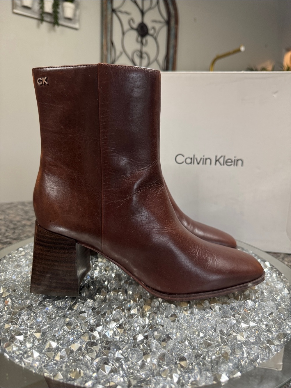 Calvin Klein Broma Dark Brown Leather  Block Heel square toe boots NEW 7.5
